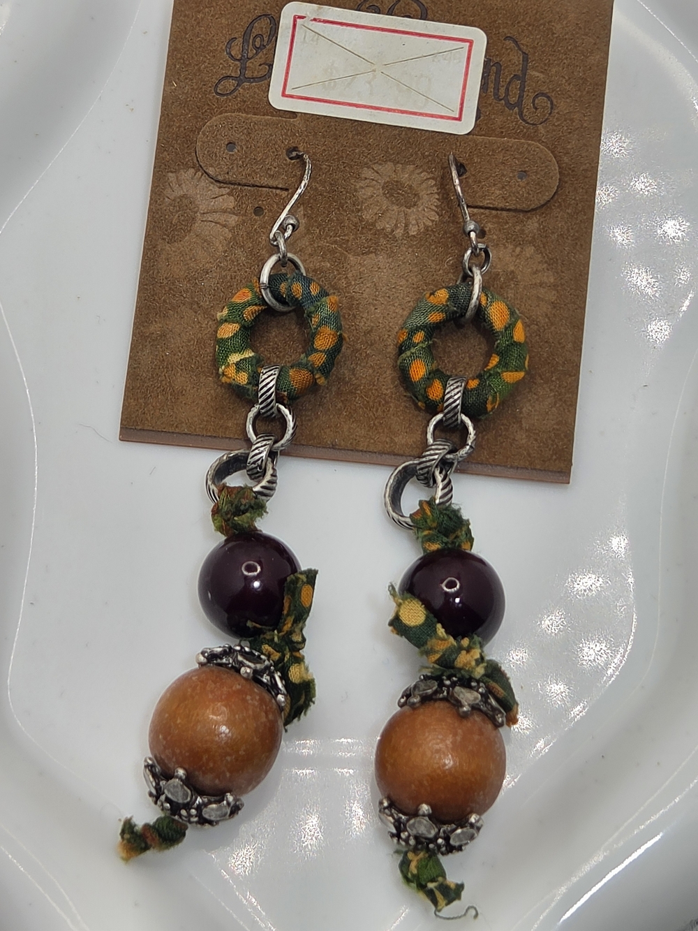 ✨ NWT Lucky Brand Boho Fabric & Wood Bead Drop Earrings 🌿 Artisanal Dangles